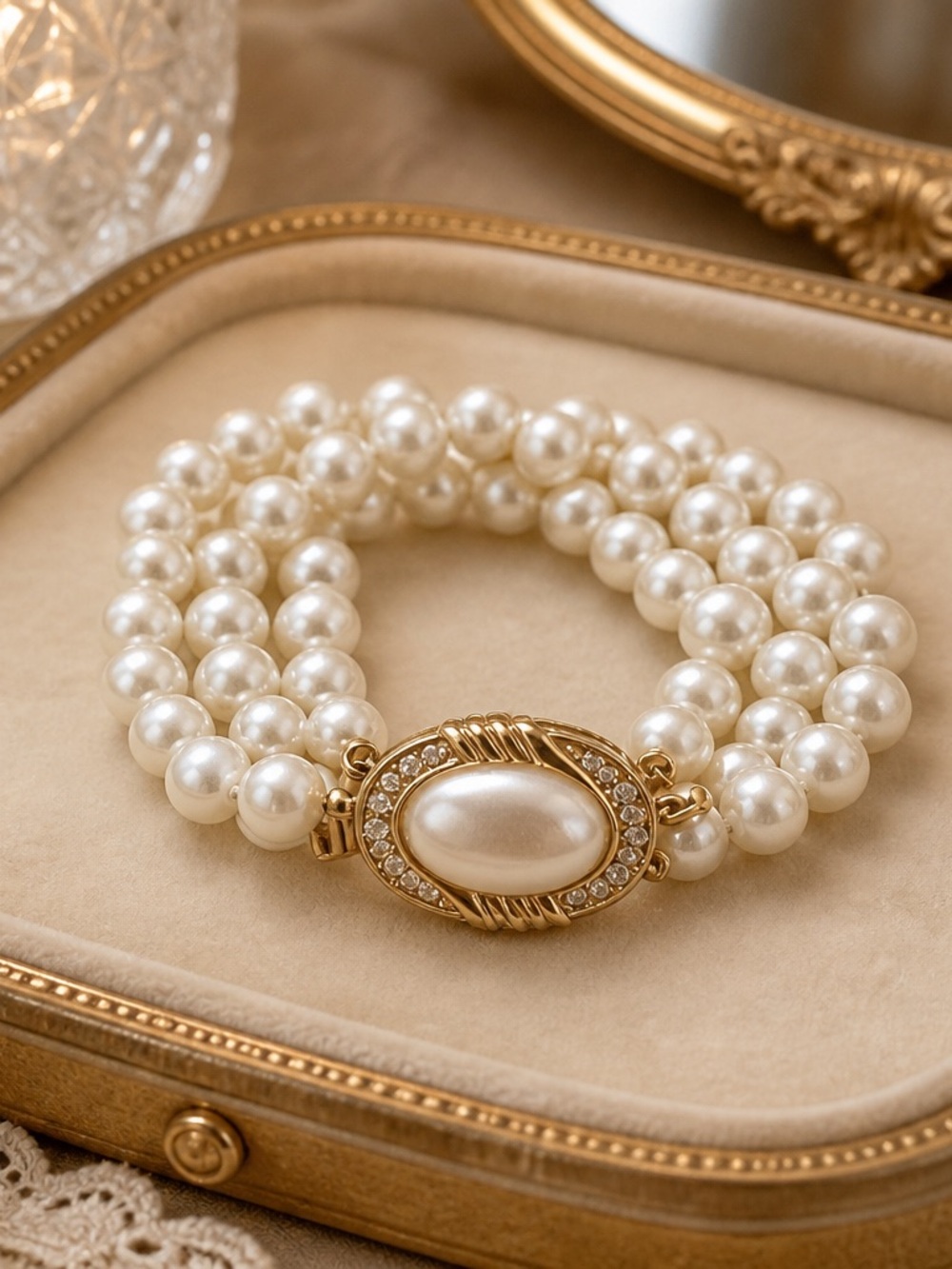 Vintage Pearl Triple-Strand Bracelet with Gold Tone Clasp